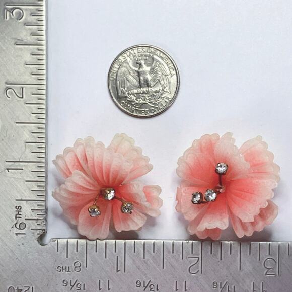 Vintage Austrian Lucite Floral Clip On Earrings 1950s Rhinestone Mid Century - Picture 10 of 11